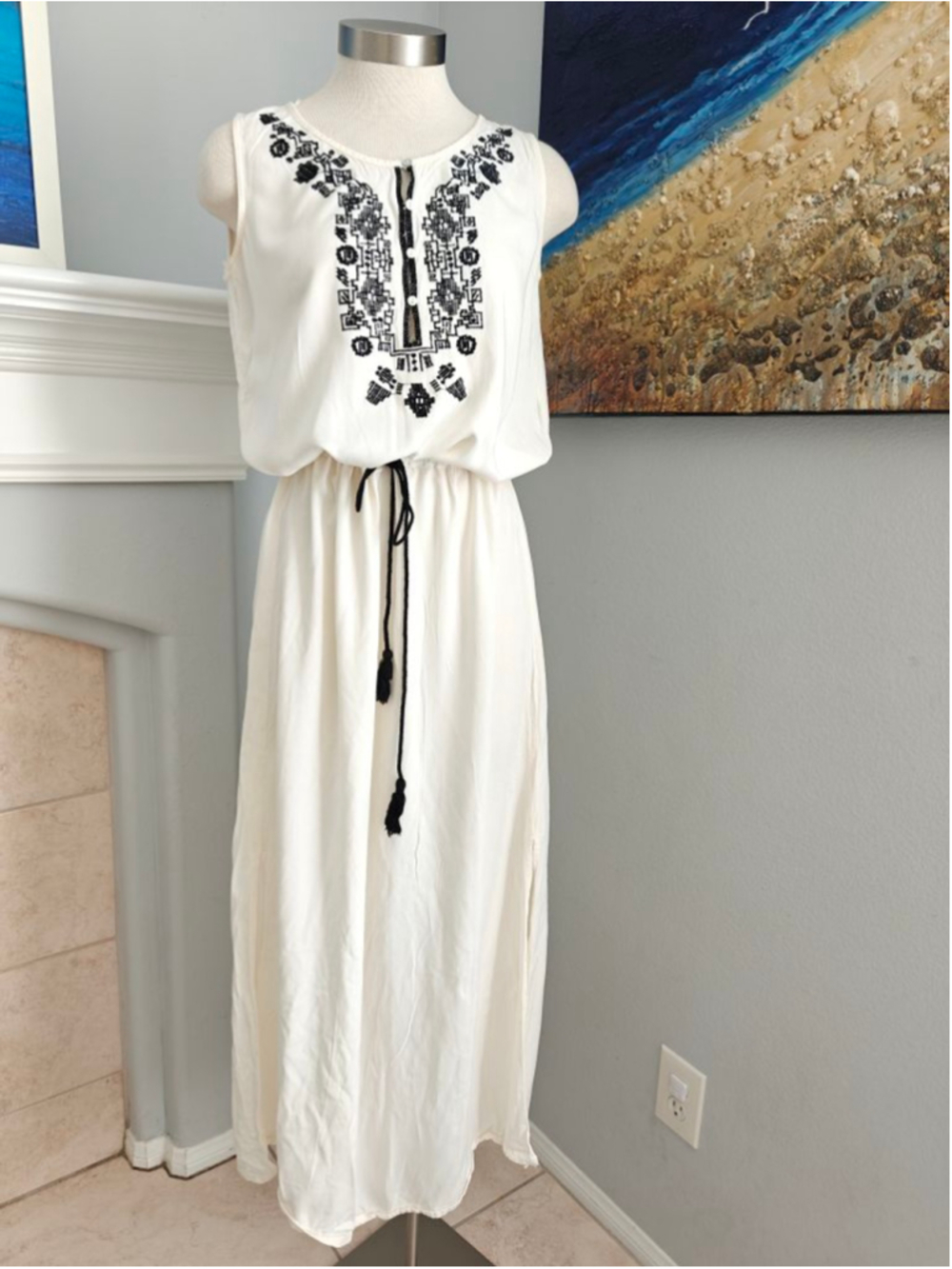 Women's ZARA BASIC White Black Embroidered Sleeveless Maxi Dress